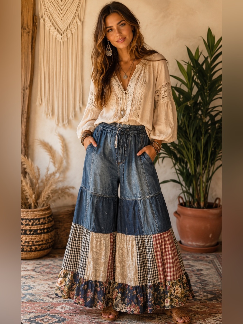 Young Threads Boho Patchwork Wide Leg Denim Pants Size  With Tie Large NWT